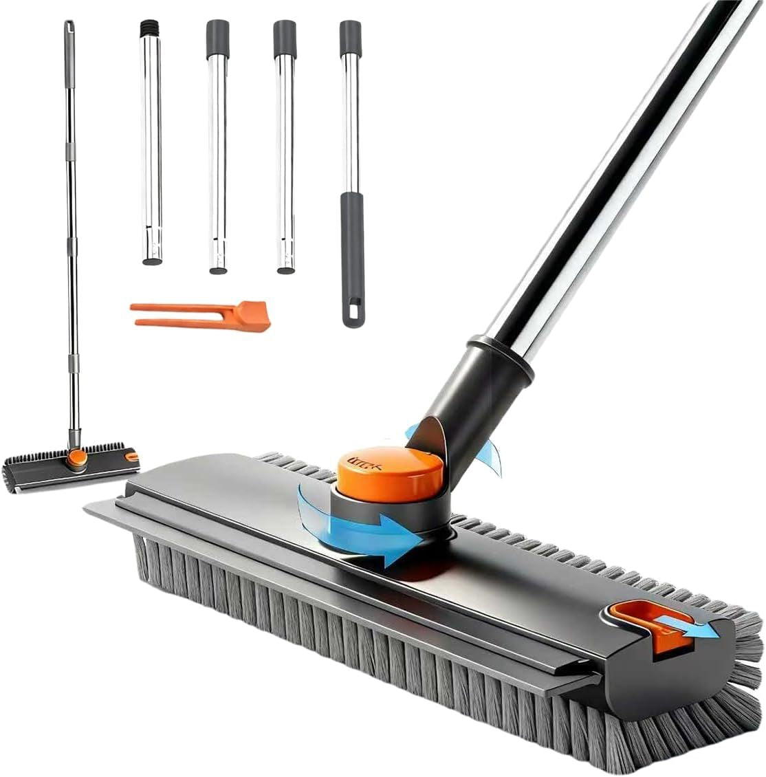 Floor Scrub Brush With 54in Adjustable Long Handle, Grey&Orange  3 In 1 Floor Scrub Brush With Scraper And Stiff Bristle, Heavy Duty Floor Scrubber For Shower Bathroom Kitchen Patio Garage