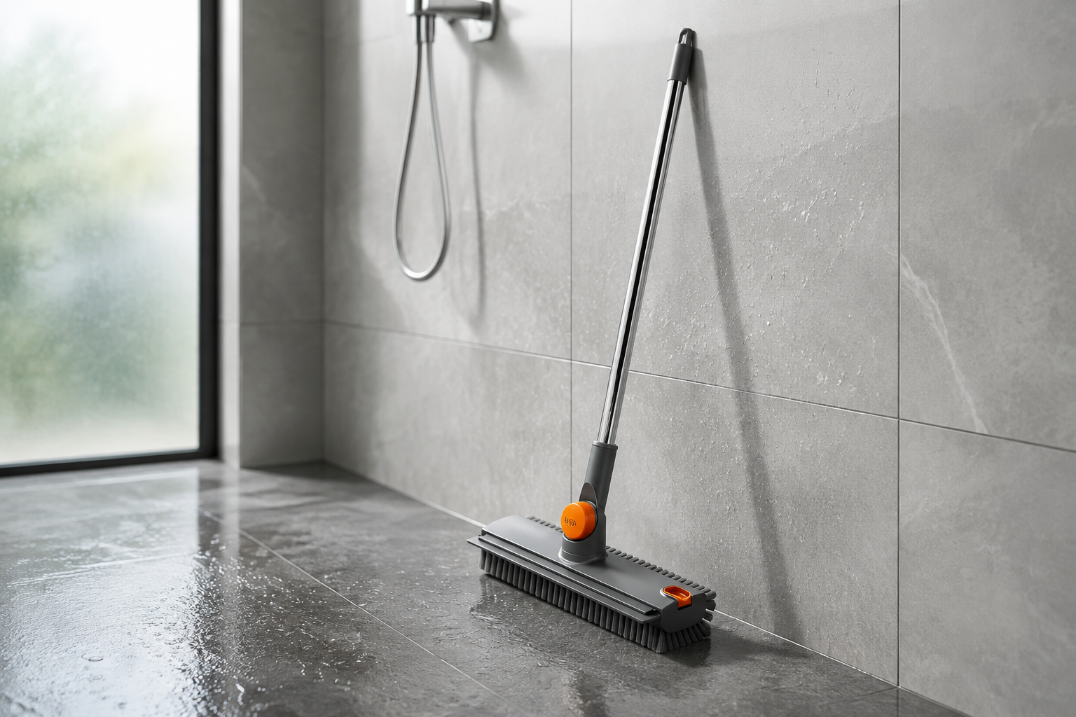 Floor Scrub Brush With 54in Adjustable Long Handle, Grey&Orange  3 In 1 Floor Scrub Brush With Scraper And Stiff Bristle, Heavy Duty Floor Scrubber For Shower Bathroom Kitchen Patio Garage